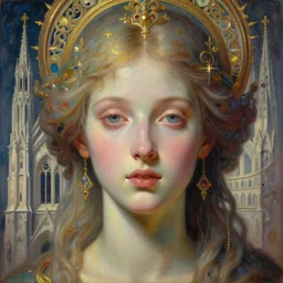 portrait of a beautiful young goddess'face merging with a cathedral building, unusual beauty, etheric, outworldly colours, emotionally evoking symbolic metaphors, head in focus, fantasy, ornamental, intricate, elegant, highly detailed painting style photo, artstation, concept art, painterly, golden ratio, sharp focus, illustration, art by john william godward and zdzisław beksinski, antonio mora,
