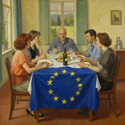 beautiful painting of people sitting around a dinner table with the european flag draped over it n - 9