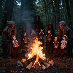 old forest hermits holding voodoo dolls around a wildly lit campfire in an ominous forest, photography