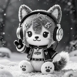 cute fumo plush of a popstar wolf girl, anime girl, idol, headphones, tomboy, artstation, bubblegum pop, black and white, snowing, canine, v sign, vray