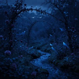 a surreal small twilight creek - garden, rose - brambles, lambent - birds, mystery - magic, serene overcast atmosphere, midnight - blue, blue - black, royal - blue, navy - blue, cel - shading, cinematic, edge - to - edge print, rendered by studio ghibli, alyssa monks, andreas rocha, david kassan, neil blevins, tuomas korpi