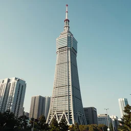 “establishing shot of an isolated arasaka tower in Neo-Tokyo. Taller than any other building nearby. 2077 Akira. Photo taken in the style of Wes Anderson 8k”