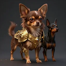 humanoid Chihuahua + pinscher with brown fur in golden ornamented armor, ears , white particles, dark souls style, Fantasy Style, cinematic light, 35mm, ZBrush, Zdzislaw Beksinski