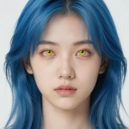 a boy with long blue hair and yellow eyes, hyperrealistic, symmetrical, face portait, high coherence