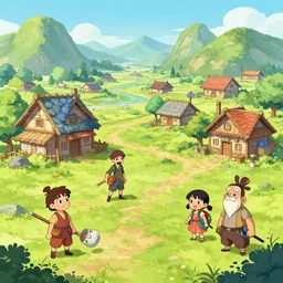 photo cartoon illustration comics manga painting of village : 6 fantasy, digital painting, unreal engine, 8 k, volumetric lighting, contrast