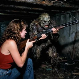 color video footage of the monster hunting in dark basement, mom holding shotgun, midnight, 2 0 0 0's