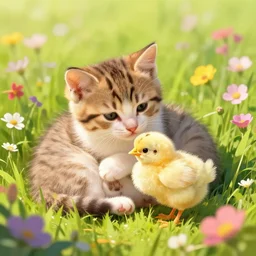 Kitten cuddling with chick on flower meadow, sunny day, colorful digital art