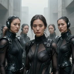 cinestill 5 0 d photographic portrait by helen levitt of a group of android women wearing rugged black mesh techwear in a foggy cement maze, extreme closeup, modern cyberpunk, dust storm, 8 k, hd, high resolution, 3 5 mm, f / 3 2, ultra realistic faces, intricate detail, ex machina