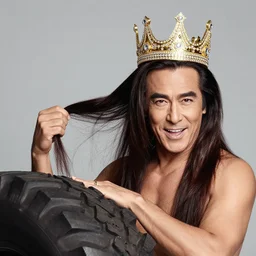 handsome tire man with shiny and silky long hair getting hair styled with danny devito wearing a golden crown studded with sparkling diamonds, mobius