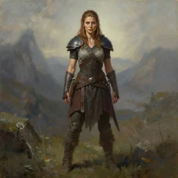 a full body high detail fantasy portrait oil painting illustration of maya hawke as a single rugged stoic barbarian woman by justin sweet with face and body clearly visible, in a scenic background, pupils visible, realistic proportions, d & d, rpg, forgotten realms, artstation trending, high quality, sombre mood, artstation trending, muted colours, no crop, entire person visible!, natural light,