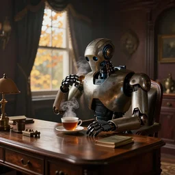 a mech robot drinks a steaming cup of tea at an old wooden desk in a richly decorated victorian house. the autumn light comes in through a window and dimly illuminates the room, diffuse light, octane render