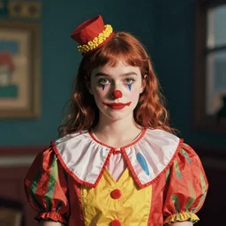 photo of a twenty year old woman dressed as a clown by wes anderson