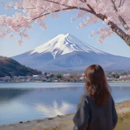 mount fuji, view from behind lake, sunny morning, photorealistic landscape, oil on canvas, standing under blossoming cherry trees
