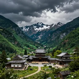 Old japanese architecture in a Japanese valley, dramatic sky, green mountains with snow peaks, digital art, 4k, 8k, trending on ArtStation