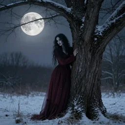 beautiful woman has fused with a tree. hybrid. folk horror. eerie. winter scene. full harvest moon