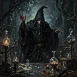 a ominous illustration of a dark wizard casting a spell, alchemist lab, painting oil on canvas by moebius, octane render, HDR, trending on artstation, 4k, 8k, HD