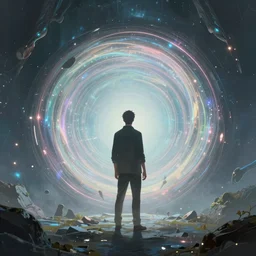 man standing before an interdimensional portal, concept art by greg rutkowski and dan mumford, dreamy, ethereal, highly detailed, trending on artstationhq