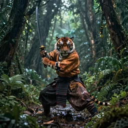 samurai tiger wielding a sword from a dense dark jungle in rain, marshy land