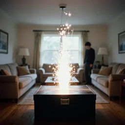 backlit photograph of black box blasting weird energy into suburban living room, single silhouette figure, crisp focus, 3 5 mm ektachrome