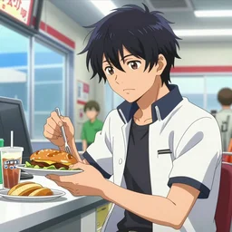 ryosuke takahashi from initial d getting food at a drive - thru, initial d anime screenshot, initial d anime 1 0 8 0 p, realistic photo