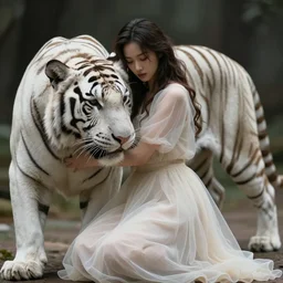 hight focus of a wonderful realistic focused sweet wonderful symmetrical mid portrait of a lonely woman with a detailed majestic, large, semi transparent cream cotton dress who is wrestling with a realistic white tiger, dramatic light, octane render - 8 k