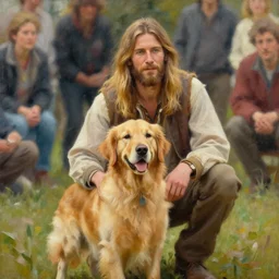 oil painting of a young man with long hair blond and a beard hippie style painting on a golden retriever, people watching around, by greg rutkowski, artstation