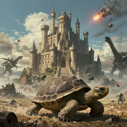 large fantasy castle rising from the top of a giant tortoise that is centered in frame, towering over a harsh barren wasteland, howls moving castle, mortal engines, kaiju, distant shot from the air, fantasy, hyper detailed, 4 k