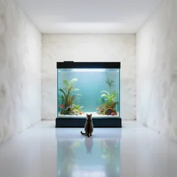 a white room with fur walls, cat in the center behind a giant aquarium, reflective floor, digital art, trending on artstation, sharp