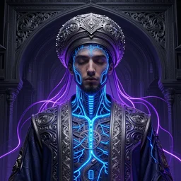 haram imam hossein, ornate and intricate, by greg rutkowski, by anton fadeev, by rhads, by midge sinnaeve, 4 k, cyber punk style, glowing blue veins, purple glowing wires