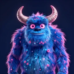 a two headed xanathar made of bioluminescence in the art style of monsters inc, crisp 8 k line art, digital painting, artstation, unreal engine, octane render, emissive lighting, concept art, matte, sharp focus, hyper realistic lighting, illustration, deep royal blue and pink color scheme, art by junji ito