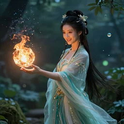 breathtaking female character portrait, smiling hapa sorceress chasing will-o-wisps casting a fireball in a garden, goddess