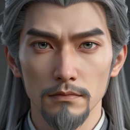 face closeup covered with 4 0 year old man, gren grey eyes, pale skin, grey beard, long grey hair, symmetric face, 3 d render, hyper - realistic detailed portrait, ruan jia, wlop