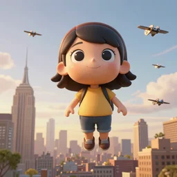 extreme long shot of a colossal very funny nendroid girl hovering over the sky of new york city, tie fighters patrolling, golden hour, deep depth of field, aerial view, the sun on the horizon, award winning photography, 8 k, octane render, unreal 5, hyperrealistic, symmetrical, breathtaking intricate digital art, photoshop, cgi art