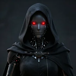 a robot, with dark glowing red eyes, wearing a dark hood and cloak, dramatic lighting, cinematic, Unreal Engine render, 8k