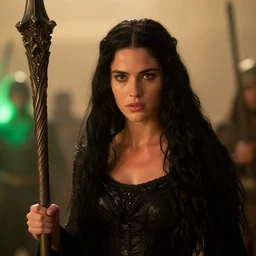 epic photo of young demi moore as beautiful medieval sorceress with very long black hair, battle scene, holding her wizard staff, sweaty, neutral expression, perfect likeness, rim light, shallow depth of field, photorealistic, cinematic lighting, lovely bokeh, warm colours, dusk, movie quality, green glow from the left, excalibur 1 9 8 5, movie still, cinemascope