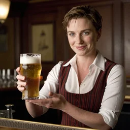 beautiful bar maiden serving a frothy pint of ale in a dimly lit bar to Tobey Maguire