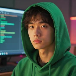 portrait of a programmer with green hood by ross tran, neon light
