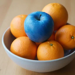 a blue apple in a bowl of oranges
