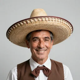 “portrait of Mr. Conehead wearing a tiny sombrero on the top of his head, smiling”