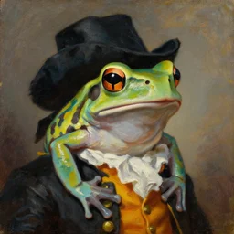 a head and shoulders portrait painting of an anthropomorphic!!!!!!!!!! amazon milk frog!!!!!!!!!! wearing a colonial outfit without a hat looking off camera, a character portrait, romanticism, oil on canvas, thick brushstrokes, intense color
