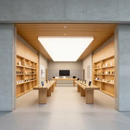 (wood and concrete flagship retail interior Samsung Microsoft Apple) XF IQ4, 14mm, f/1.4, ISO 200, 1/160s, 8K, RAW, unedited, symmetrical balance, architectural photography, in-frame