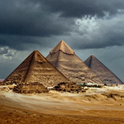 rainy cloudy dark moody desert landscape scene with large mysterious detailed desert pyramids, fantasy, ambient, vaporwave, retro, surrealism, volumetric lighting, digital art, pixel sorting, trending on artstation