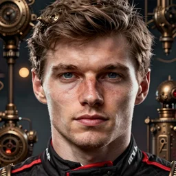portrait of max verstappen, face to camera, steampunk art, realistic face, fantasy style, super high detail, super high quality, talented artist, trending on artstation, machinarium