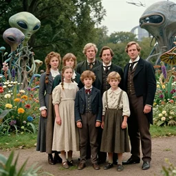 sharp, highly detailed, 36864k film, 175000mm film still from a sci fi blockbuster color movie made in 2019, set in 1860, of a family standing in a park, next to some strange alien plants and flowers, on an alien planet, the family are all wearing 1860s era clothes, good lighting, enhanced faces, 280mm f/1.4L lens