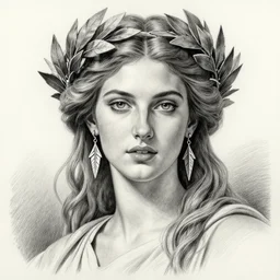 long shot realism pencil drawing of a beautiful greek goddess aphrodite wearing a laurel wreath and arrowhead earrings, beautiful confident eyes, beautiful flowing hair, hyper realistic face, in the style of artgerm, fantasy, amazing detail, epic, elegant, smooth, sharp focus, from the front