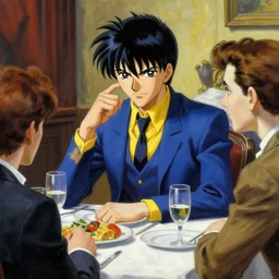 spike spiegel from cowboy beabop at an american dinner, wearing a blue suit and tie and yellow shirt highly detailed painting by gaston bussiere, craig mullins, j. c. leyendecker 8 k