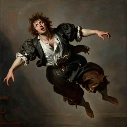 detailed by pietro da cortona, by art fitzpatrick, by kelly freas pride & prejudice. body art. a man with a large head & a small body is floating in the air, his arms & legs flailing. his clothes are tattered & he has a wild look in his eyes.
