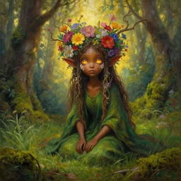 a magical forest dryad, brown skin like soil, flowers on heir cheeks, very big eyes, dressed in a green robe, colorful flowers growing from her head, branches growing as hair, glowing ember eyes, golden sunlight, queen of the forest, extremely detailed, realistic, photo by annie leibovitz, masterpiece, award-winning, mythological, mossy, grass, oil on canvas, soft colors, wide shot, very low angle photograph, simon stålenhag