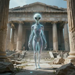A mysterious etherael alien being made of light particles exploring the remains of an ancient Greek temple, artstation, cgsociety, 4k