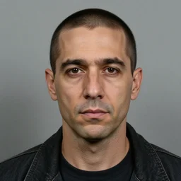 A mugshot portrait of a middle aged man who looks like Jerma985 with a buzzcut, and wearing late 1990s menswear in the late 2000s, taken in the late 2000s, grainy, realistic, hyperrealistic, very realistic, highly detailed, very detailed, extremely detailed, detailed, trending on artstation, front facing, front view, headshot and bodyshot, detailed face, very detailed face